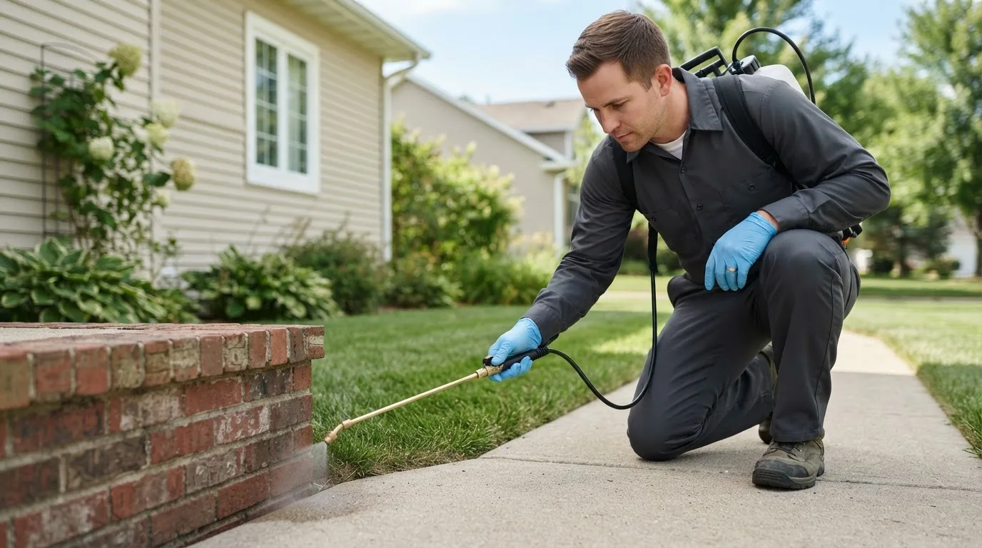 Pest control technician treating a home near Hawthorne, WI