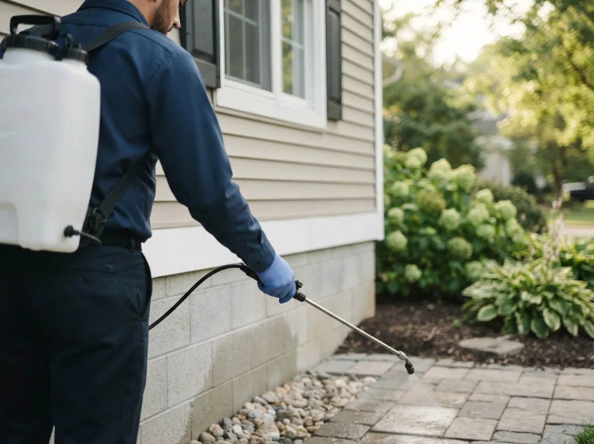 Pest control technician inspecting a home in Hawthorne, WI